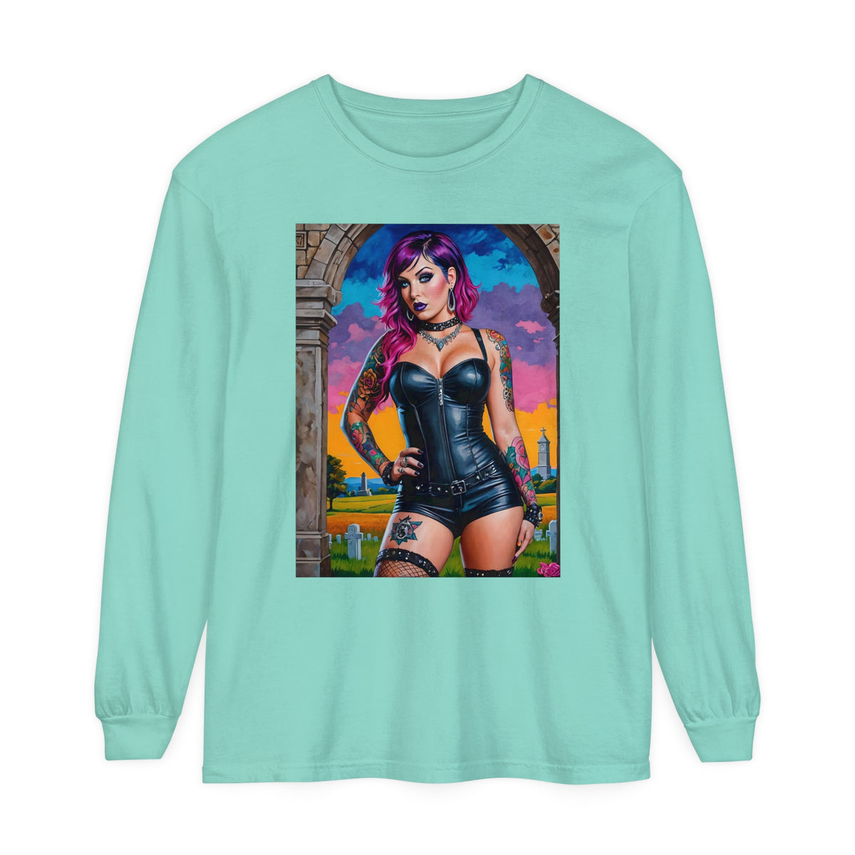 Goth Graveyard Girl Series - Design Three - Unisex Garment-dyed Long Sleeve T-Shirt