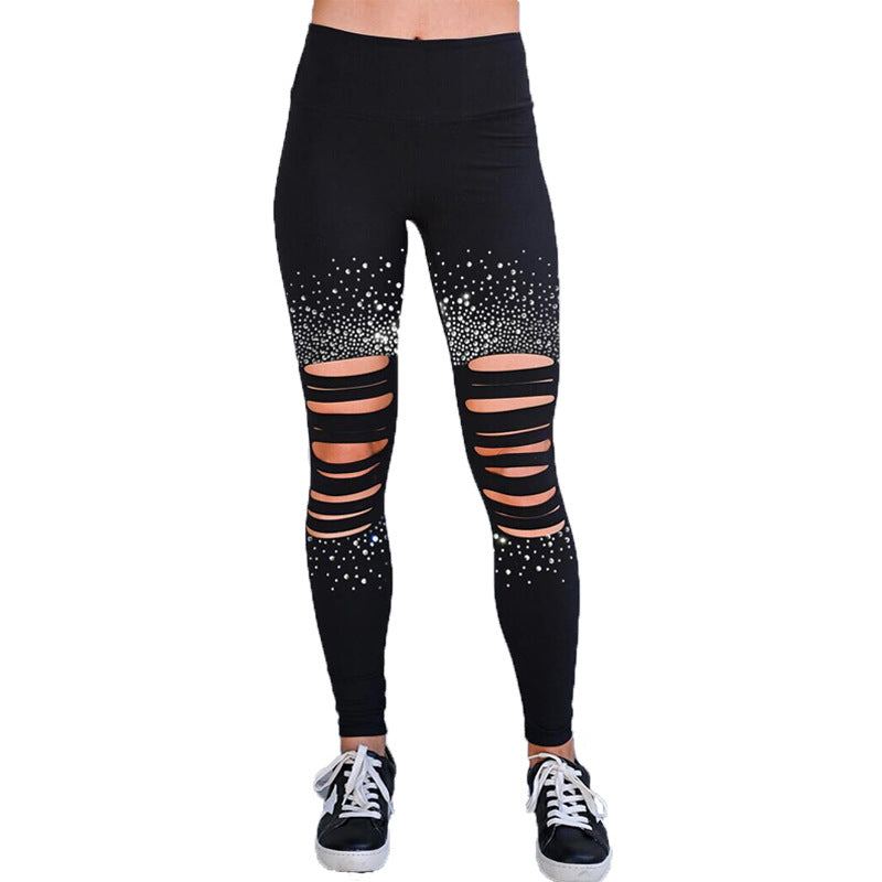 High-waisted Rhinestone Adorned Decorated Ripped Distressed Leggings