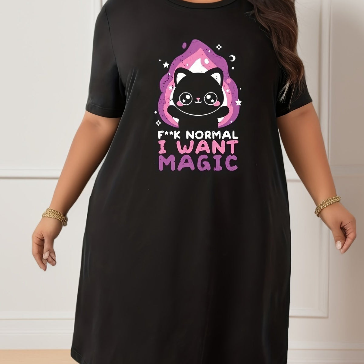 I want Magic Letter Print Women's Plus Size Casual Loungewear Dress: Comfortable Short Sleeve Nightgown for Stylish Relaxation