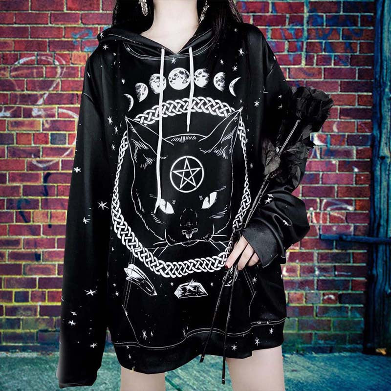 Street Gothic Cat Print Loose Hooded Sweater