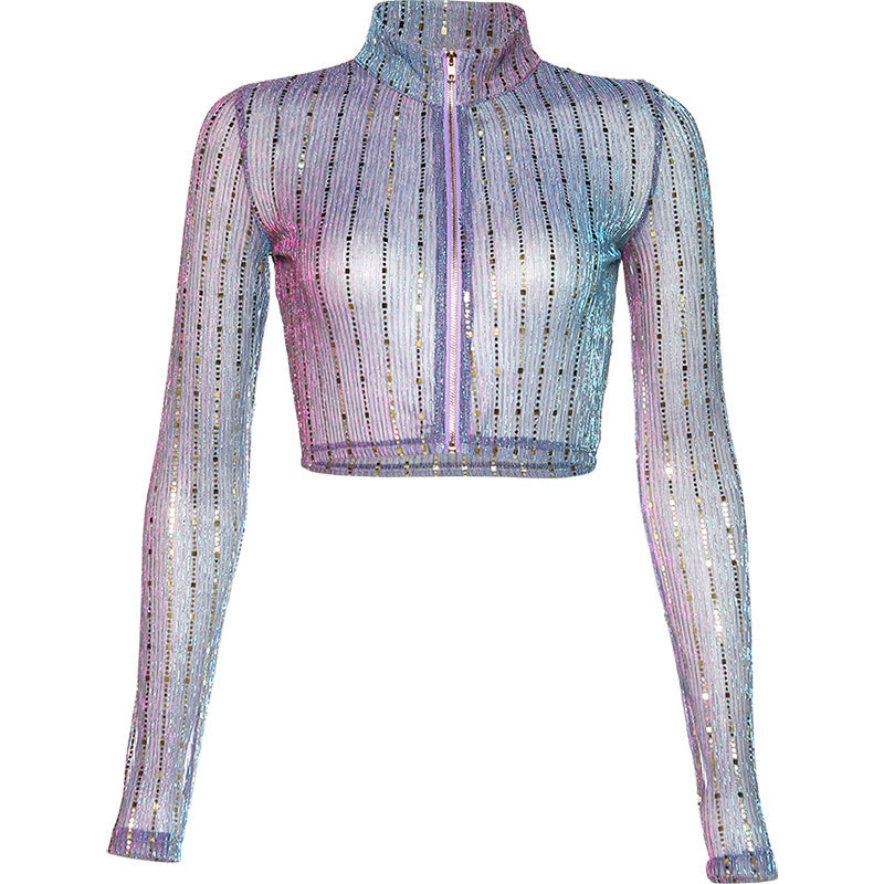 Gradual Change Zipper Front Long Sleeve Jacket Style Sheer Crop Top