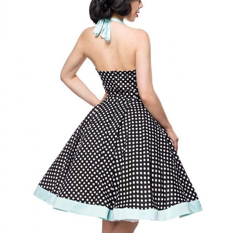 Halter Neck Polka Dotted Retro Swing Party Dress