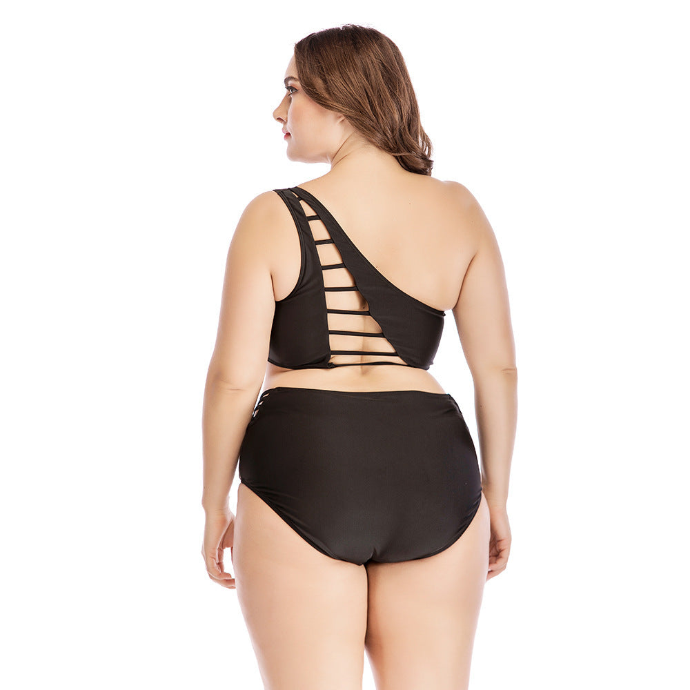 Plus Size High Waisted One Shoulder Cross Back Detail Bikini Swimsuit