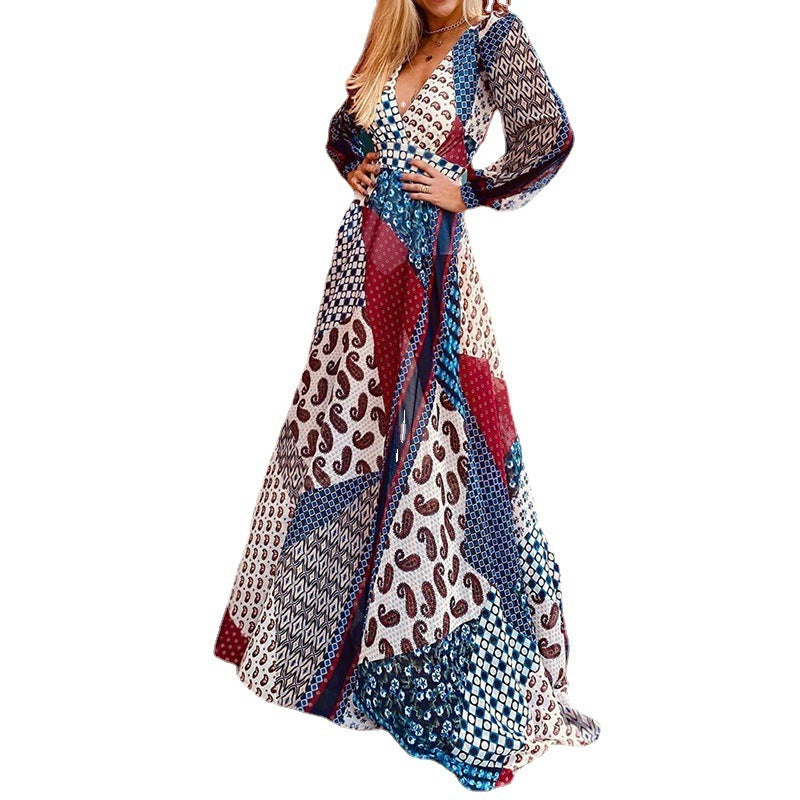 Backless V Neck Patchwork Print Bohemian Maxi Dress