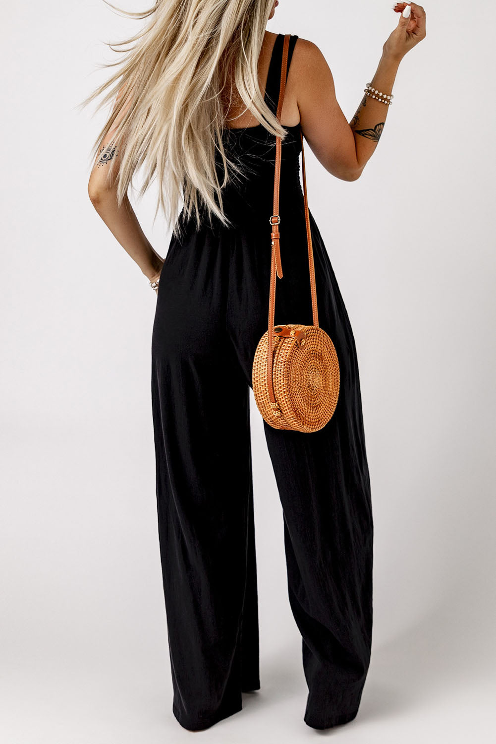 Black Smocked Square Neck Long Sleeve Wide Leg Jumpsuit