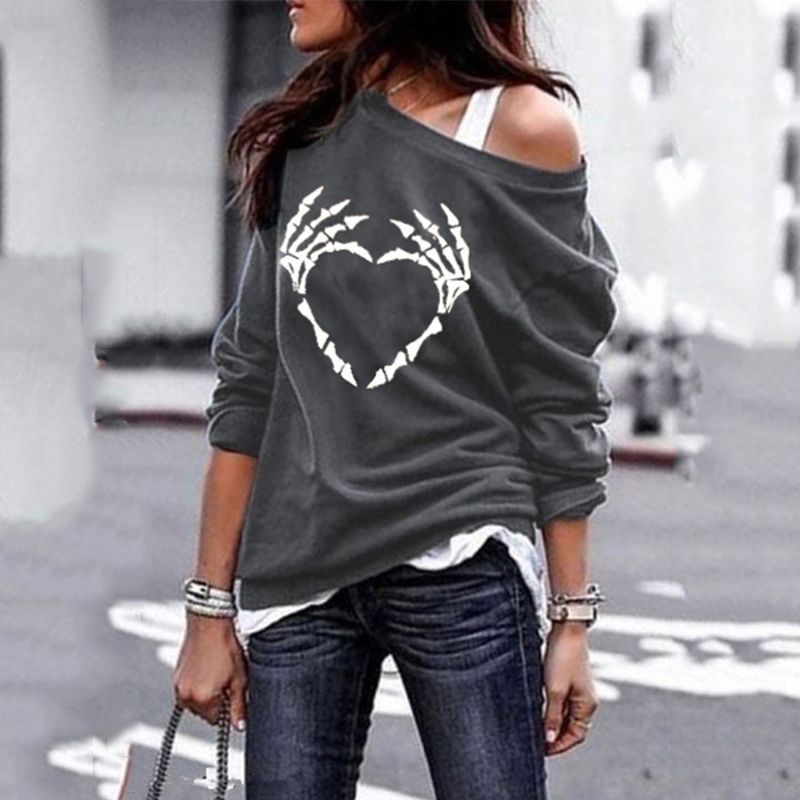 Plus Size Skeleton Heart Hands Pattern Graphic Printed Sweatshirts