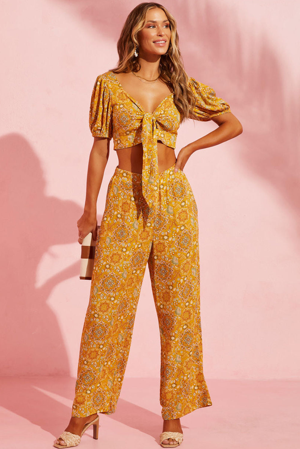 Yellow Bohemian Floral Print Pocketed Wide Leg Pants