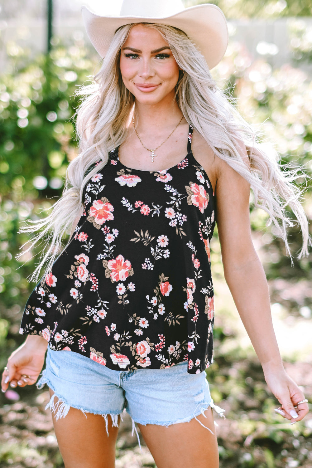 Beige Floral Spaghetti Straps Strappy Back Tank Top