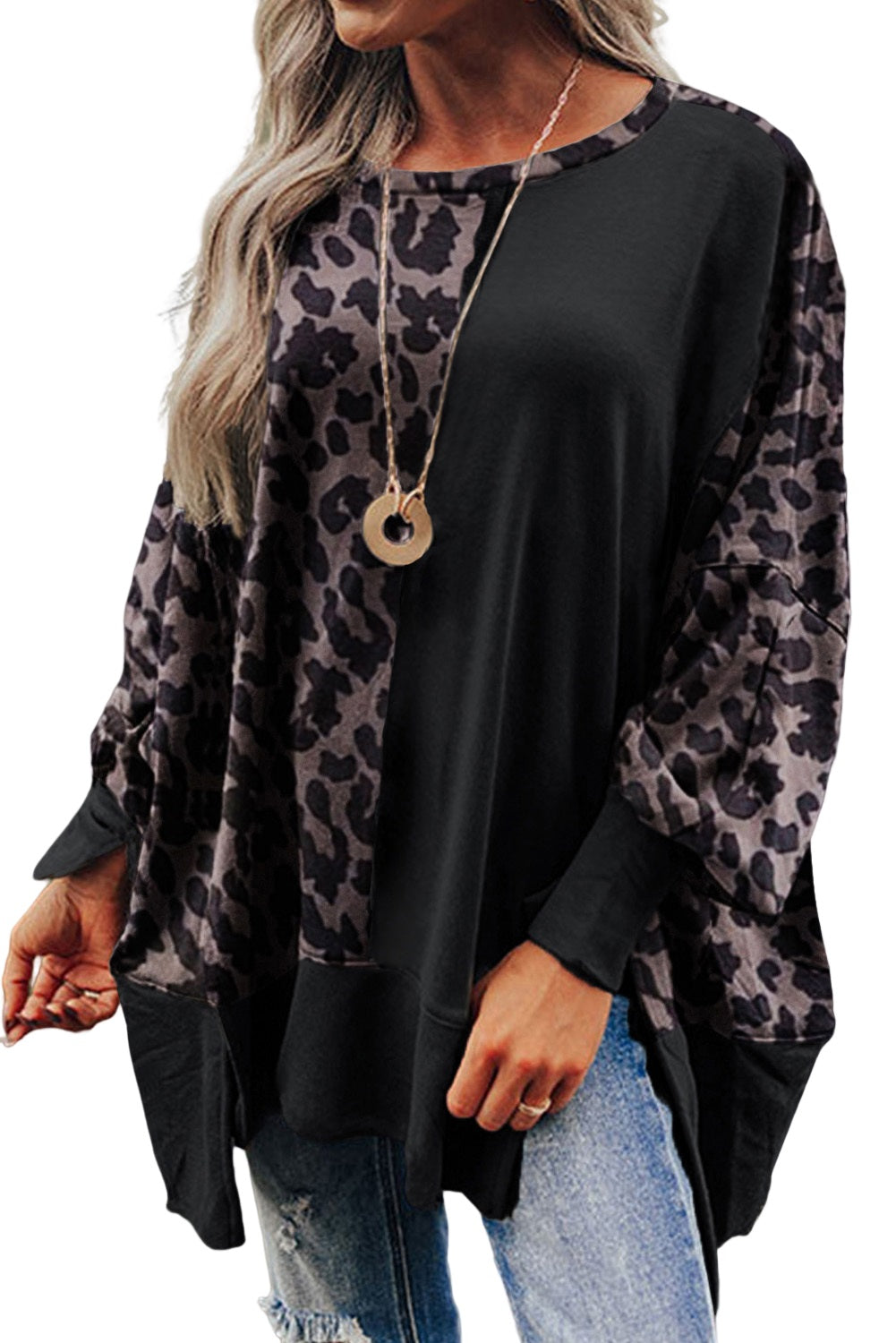 Black Leopard Print Bishop Sleeve Oversized Sweatshirt with Slits