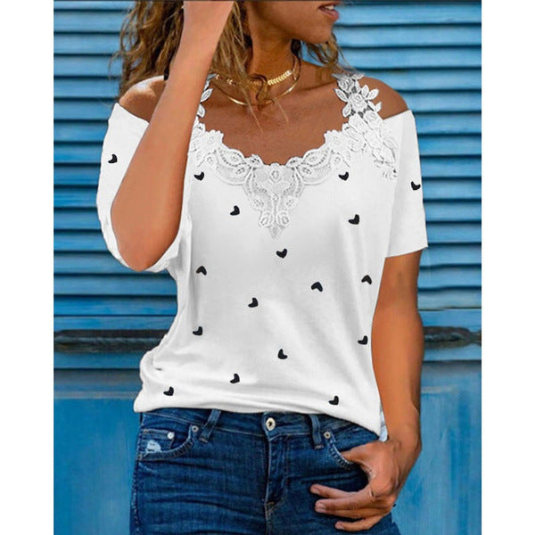 Short Sleeve Cold Shoulder Lace Heart Pattern Print Shirt