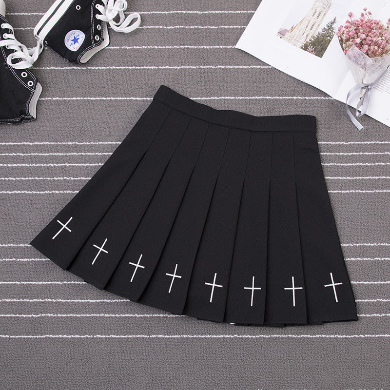 Pleated Embroidered Cross Short Miniskirt