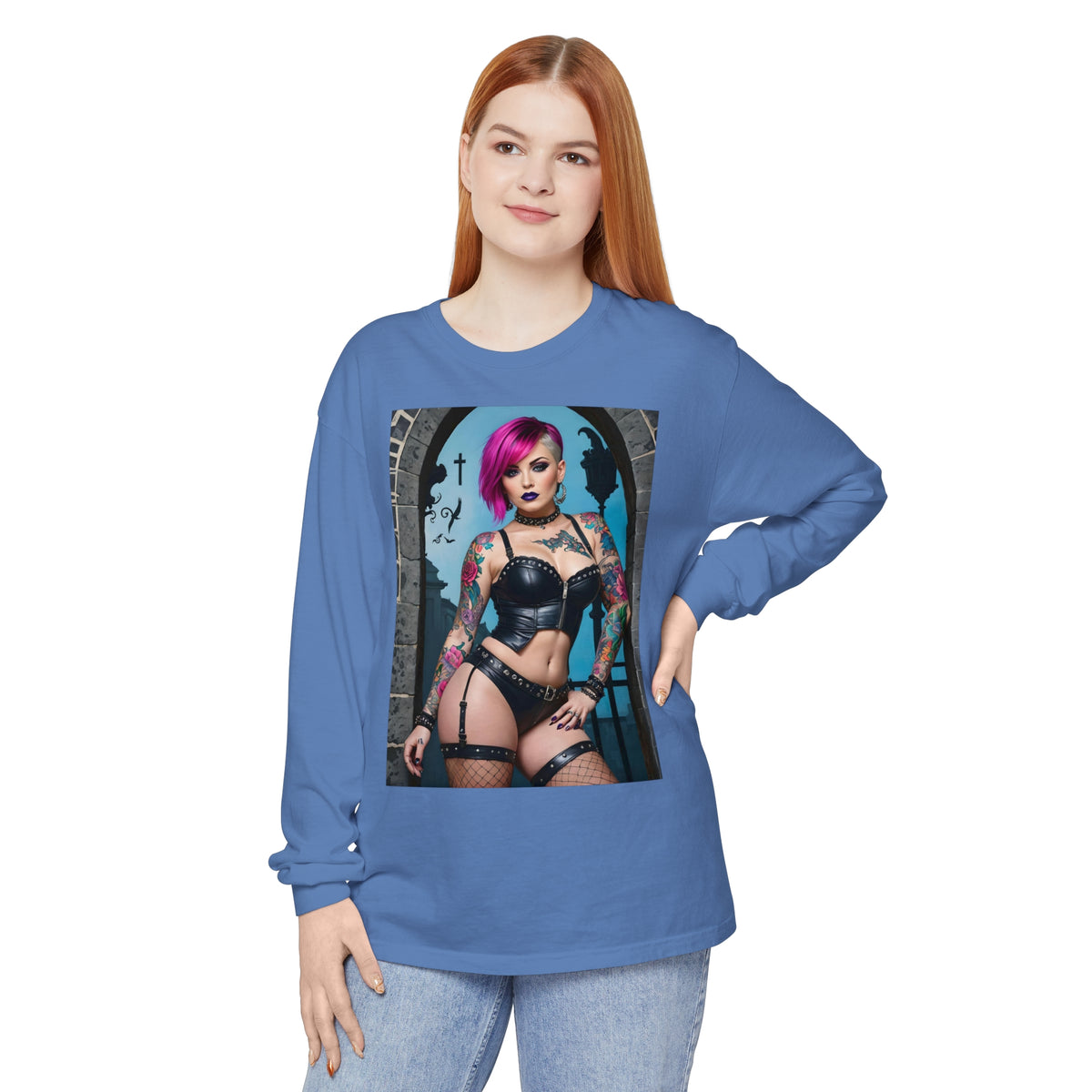 Goth Graveyard Girl Series - Design Six - Unisex Garment-dyed Long Sleeve T-Shirt