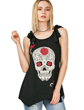 Skull Print Sheer Back Skull Lace Detail Graphic Print Tank Top