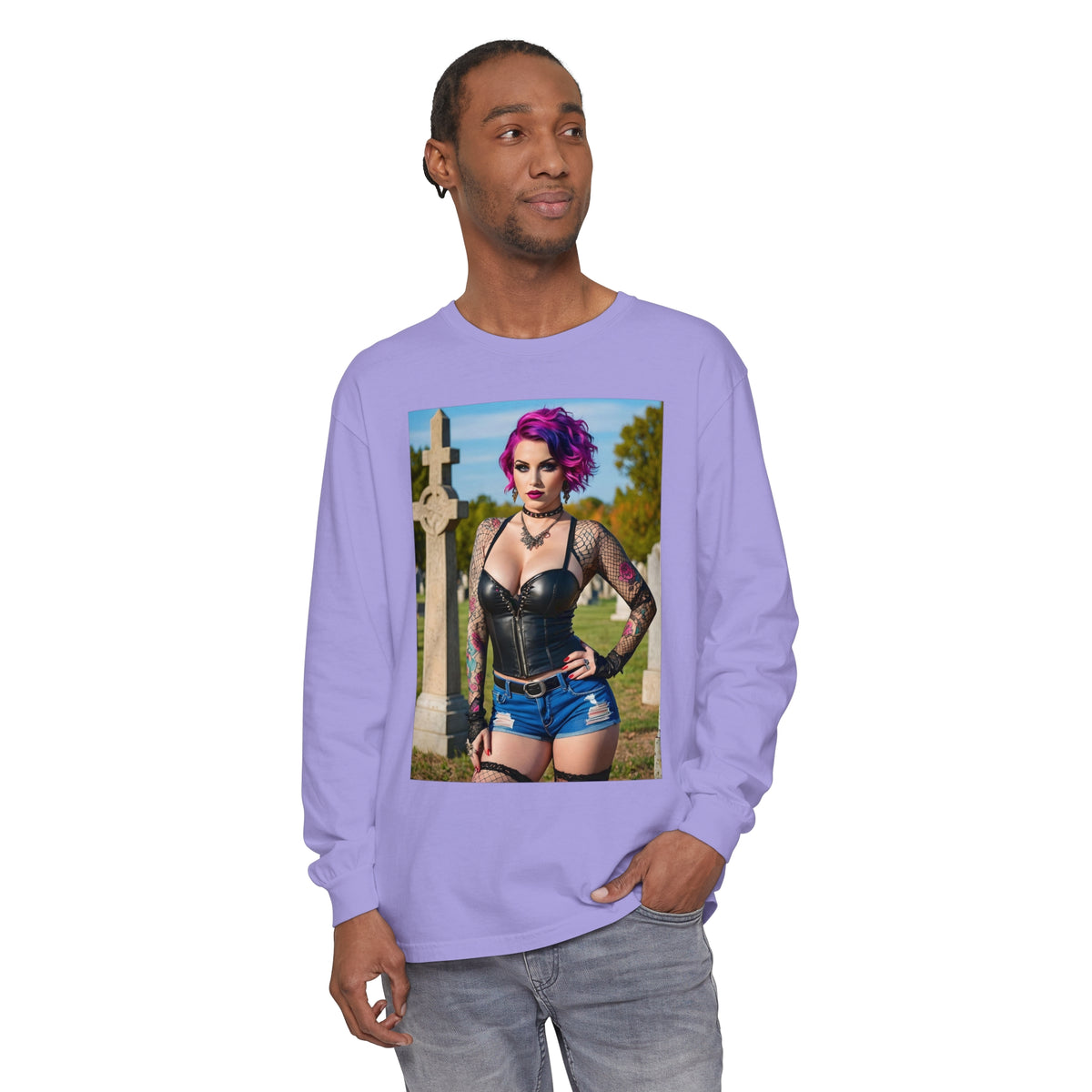 Goth Graveyard Girl - Design Fourteen- Unisex Garment-dyed Long Sleeve T-Shirt