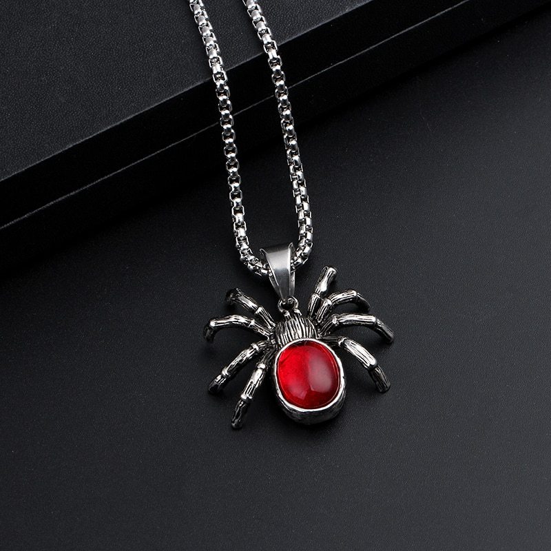 Vintage Retro Black Widow Spider Pendant Gothic Red Large Crystal  Necklace