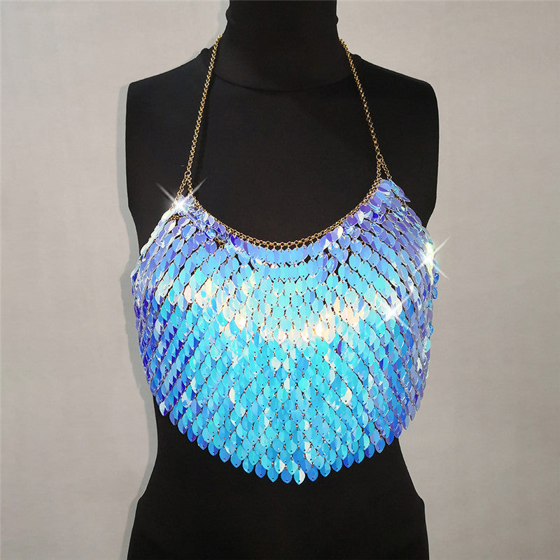 Sexy Iridescent Sequin Festival Fashion Halter Sling Backless Bandana Top