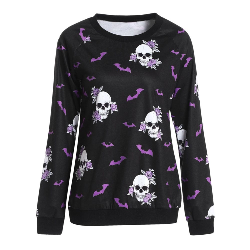 Purple Bats and Skulls All Over Print Long Sleeved Graphic Print Sweatshirt