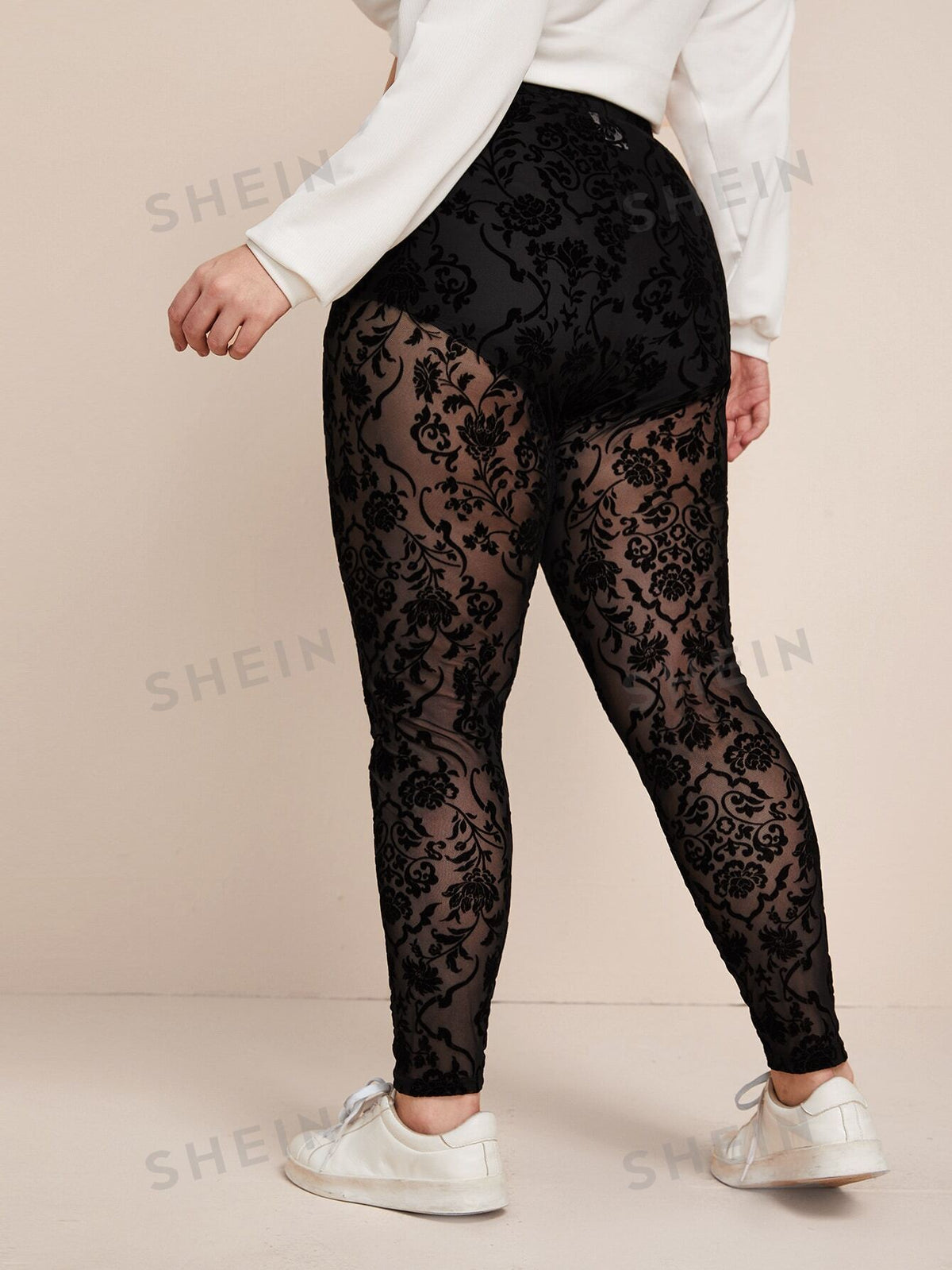 LUNE Plus Sheer Flocked Mesh Leggings Without Panty