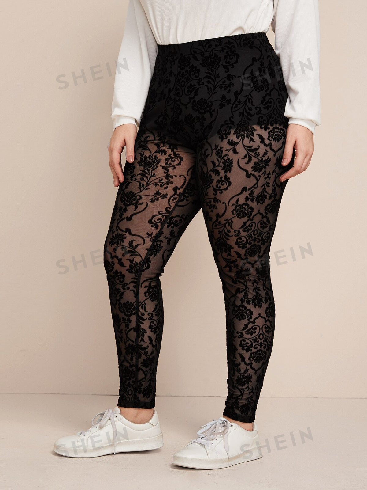 LUNE Plus Sheer Flocked Mesh Leggings Without Panty