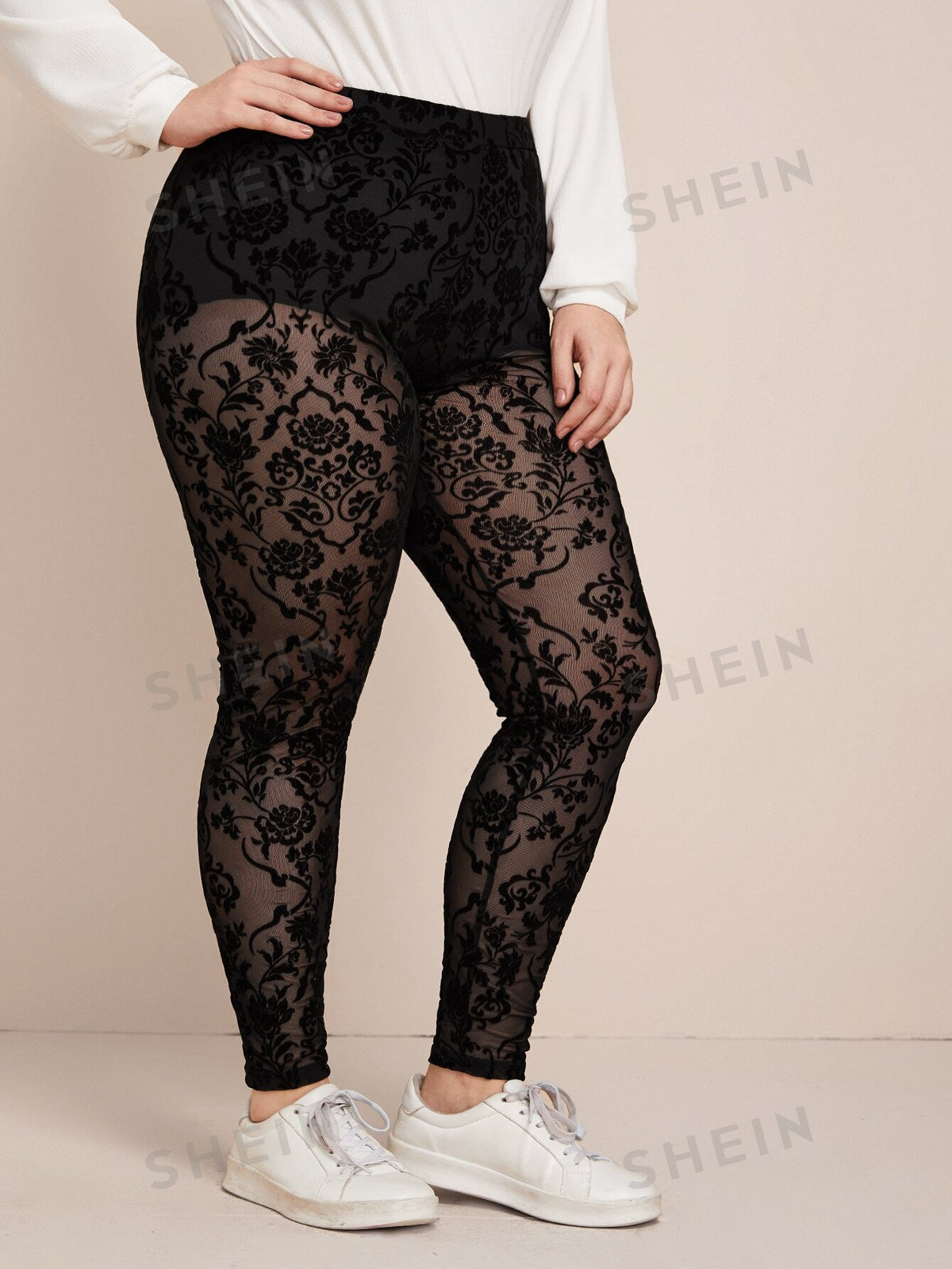 LUNE Plus Sheer Flocked Mesh Leggings Without Panty