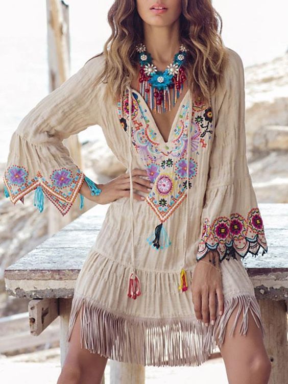 Exposed Stitching Embroidered Floral V Neck Fringed Bottom Short Bohemian Dress