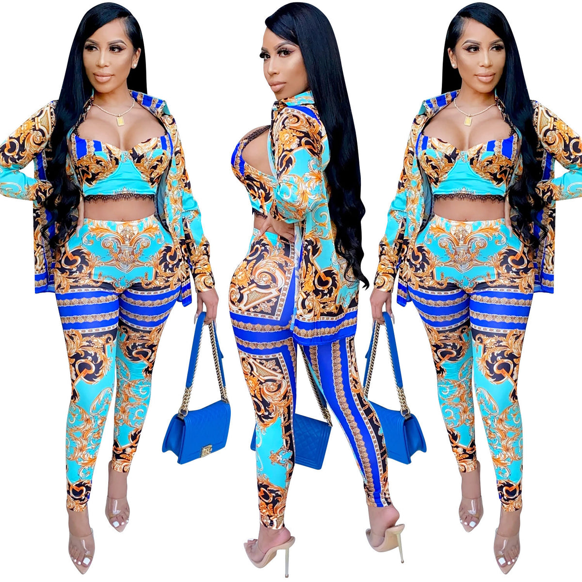 Women’s Sexy Long Sleeve Sweetheart Crop Top All Over Print Two Piece Outfit Sets