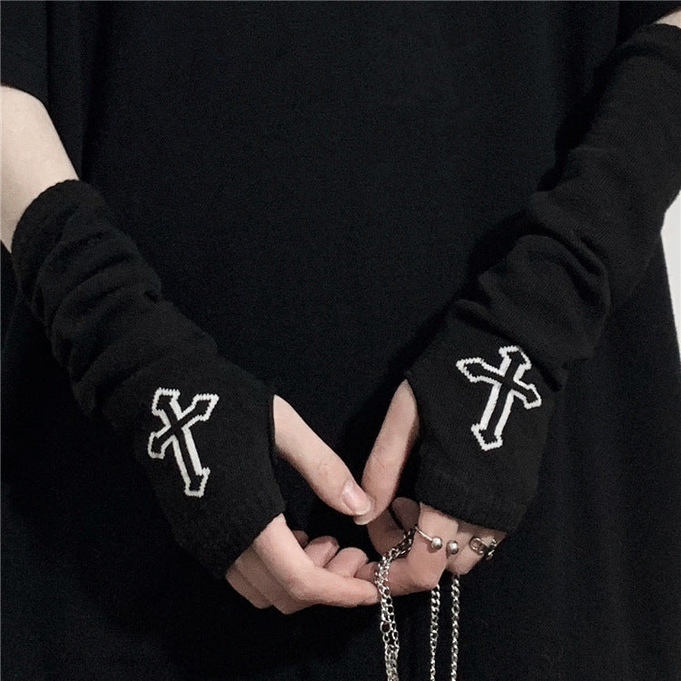 Goth Fingerless Gloves Cross Detail