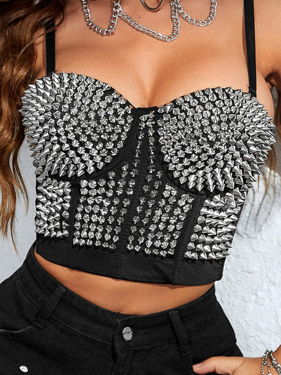 Studded Spaghetti Strap Rhinestone Bustier Style Crop Top Festival Fashion