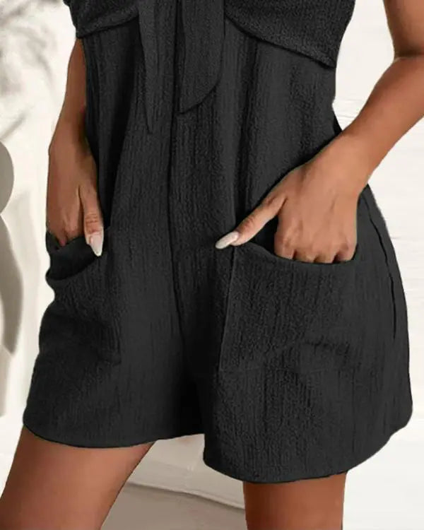 Chain Strap Pocket Design Knotted Casual Romper