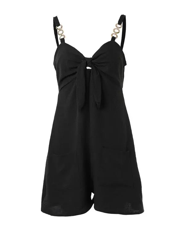 Chain Strap Pocket Design Knotted Casual Romper