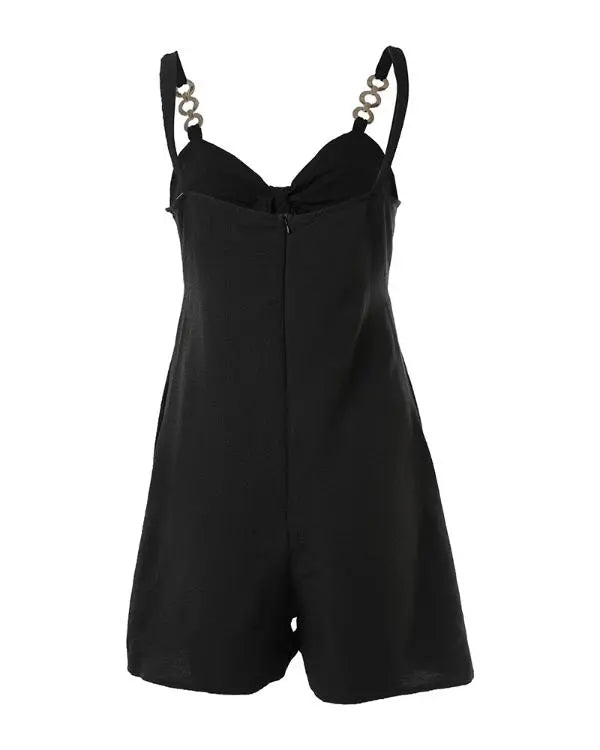 Chain Strap Pocket Design Knotted Casual Romper