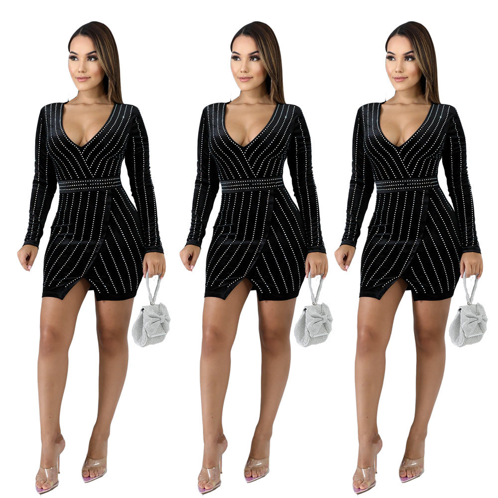 Hot Rhinestone Striped Long Sleeved Sexy Nightclub Fashion Mini Dress