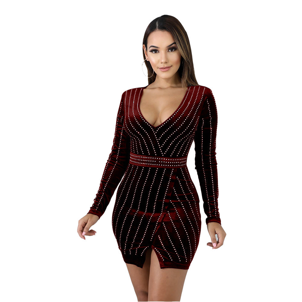 Hot Rhinestone Striped Long Sleeved Sexy Nightclub Fashion Mini Dress