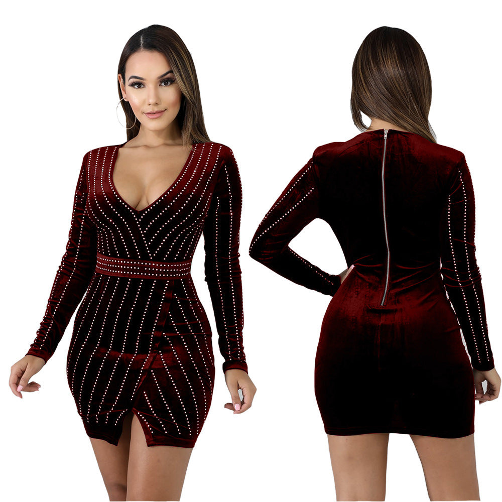 Hot Rhinestone Striped Long Sleeved Sexy Nightclub Fashion Mini Dress