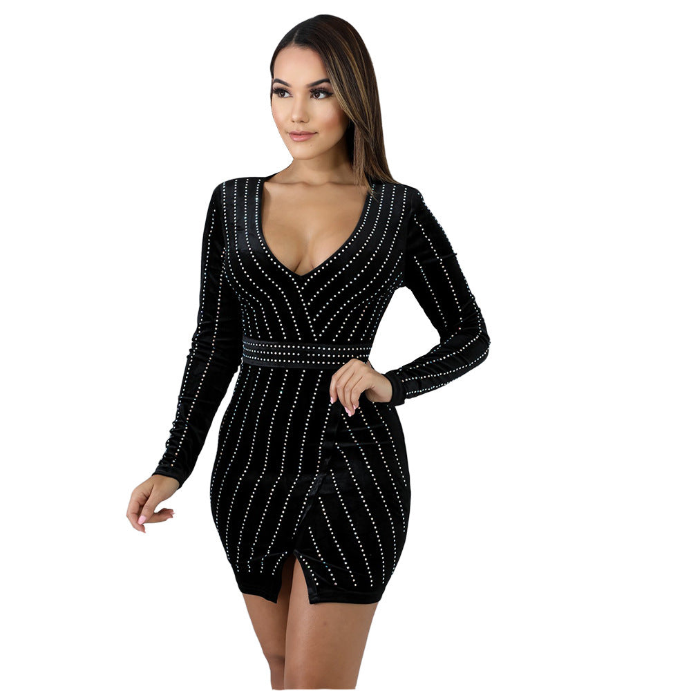 Hot Rhinestone Striped Long Sleeved Sexy Nightclub Fashion Mini Dress