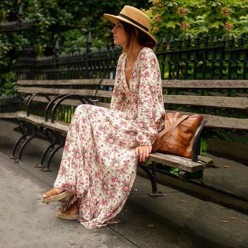 Ruffle Bottom Long Sleeve V Neck Printed Bohemian Maxi Dress