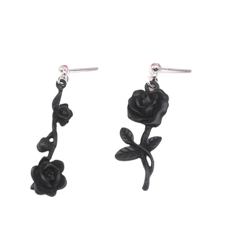 Dark Gothic Style Black Wild Rose Stud Earrings