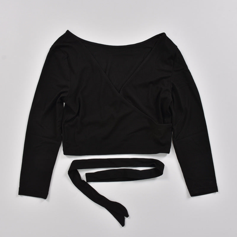 Low V Neck Side Rouched Tie Around Waist Long-Sleeved Sexy Nightclub Fashion Crop Top Blouse