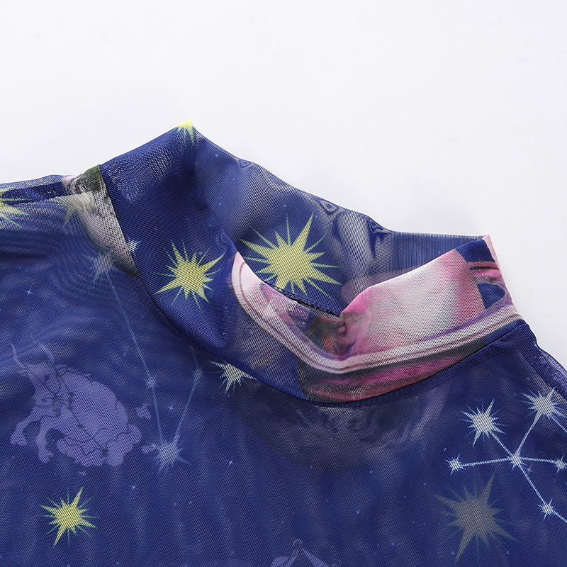 Digital Printed Mesh Sheer Sun Moon and Stars Blue Color Cropped Top Festival Fashion