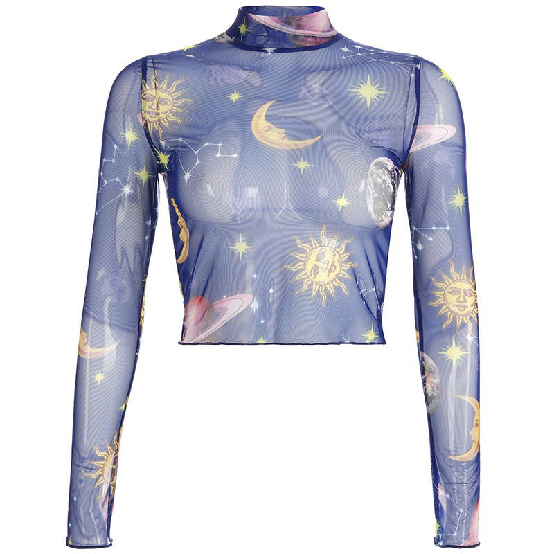 Digital Printed Mesh Sheer Sun Moon and Stars Blue Color Cropped Top Festival Fashion