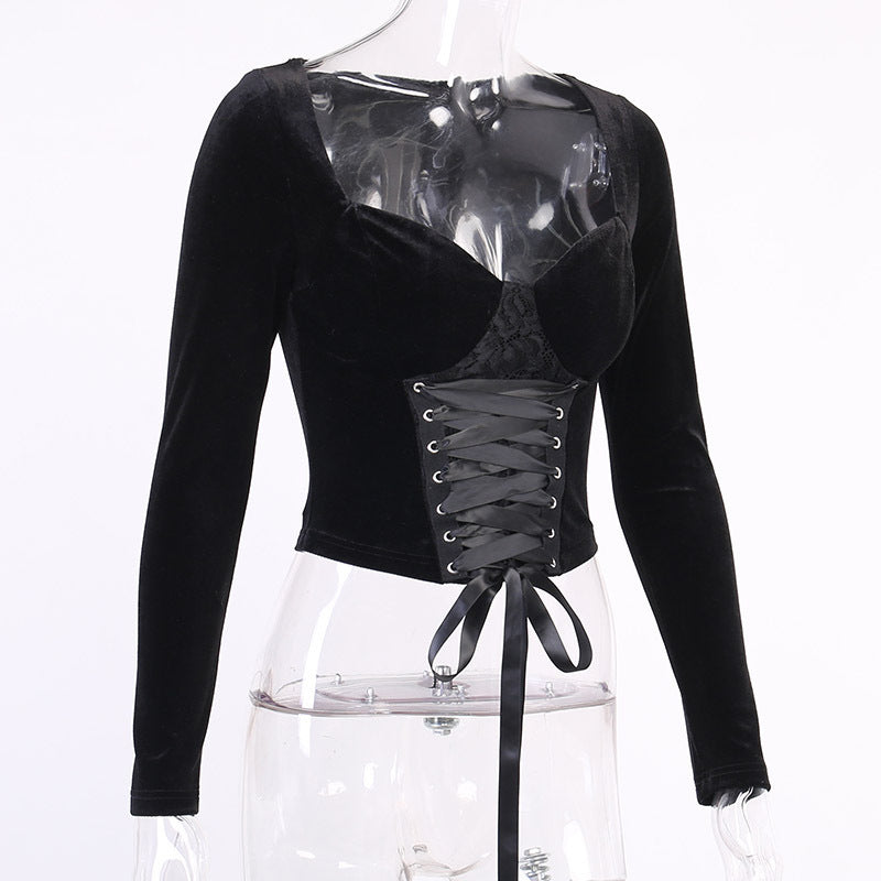 Sweetheart Style Squared Neck Crushed Velvet Ribbon Adorned Lace Up Dark Goth Blouse