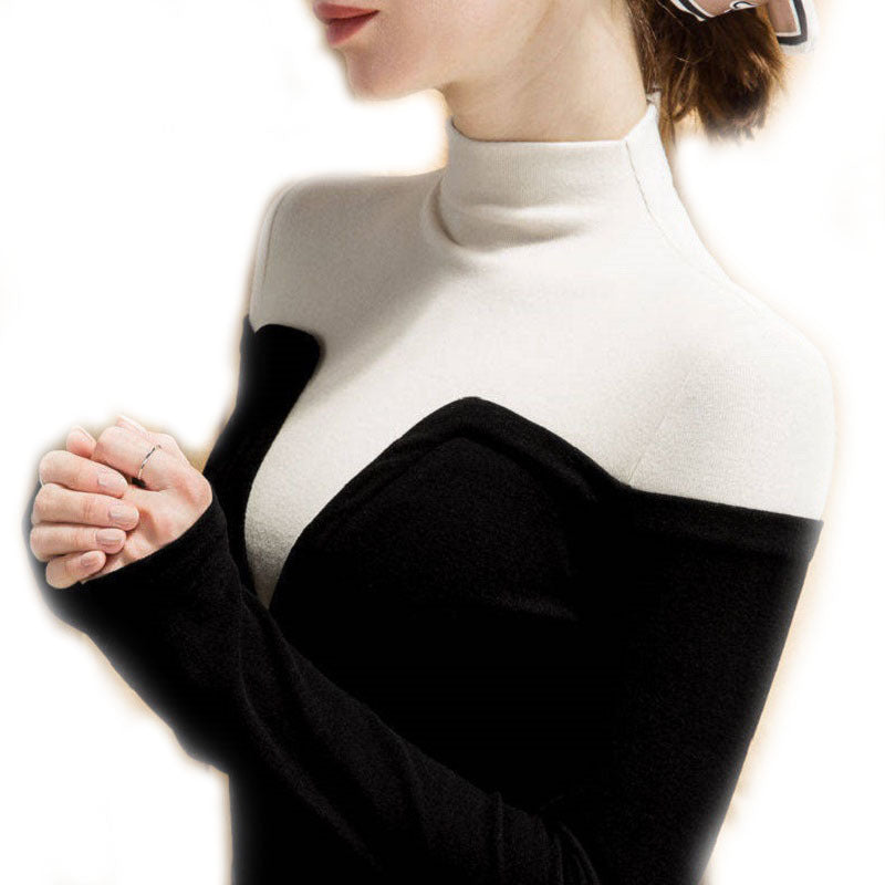 Mock Neck Color Block Black And White Long Sleeve Slim Fit Blouse