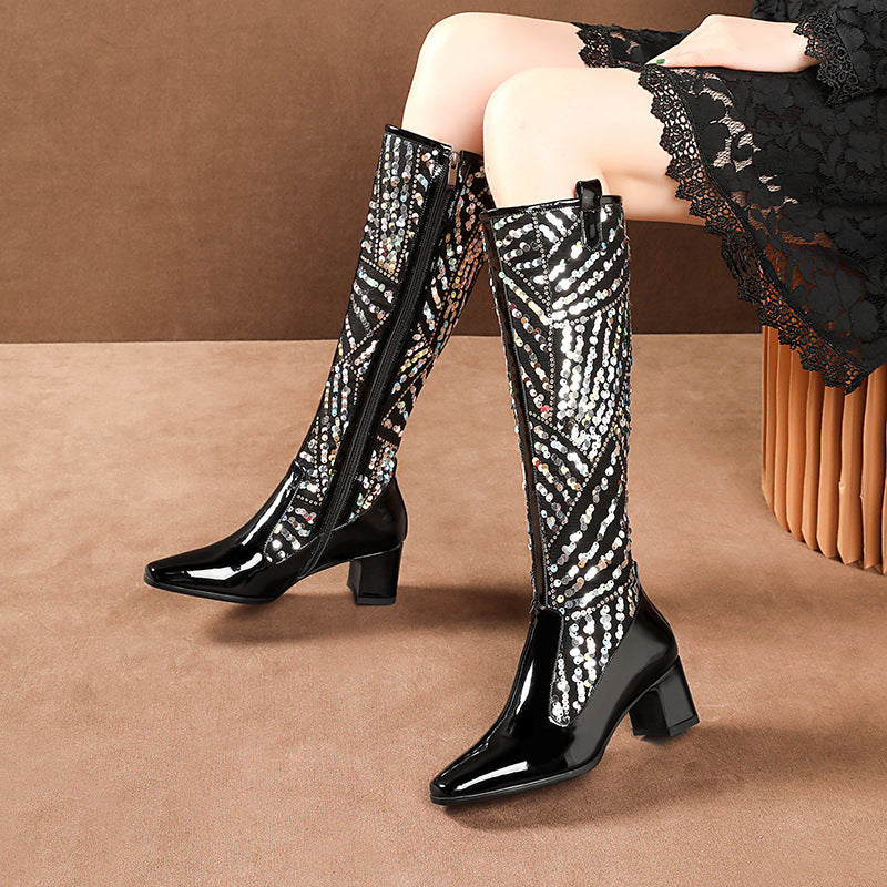 Sequin Sparkling Night Club Glitzy Sexy Mid Heel Boots