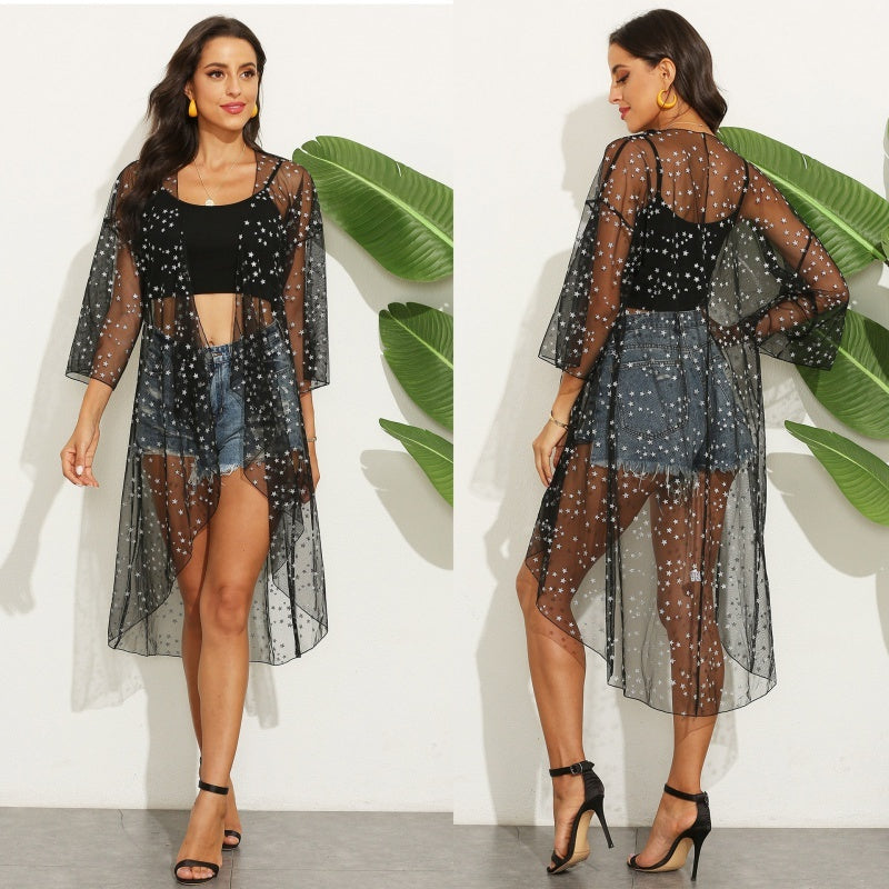 Hot Silver Starry Sky Dotted Mesh Irregular Sheer Beach Cover Up Cardigan