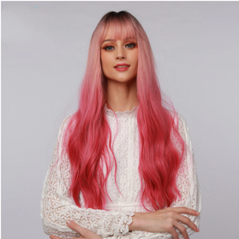 Long Wavy Rose Gold to Rose Red Gradient Chemical Fiber Cosplay Wig With Bangs