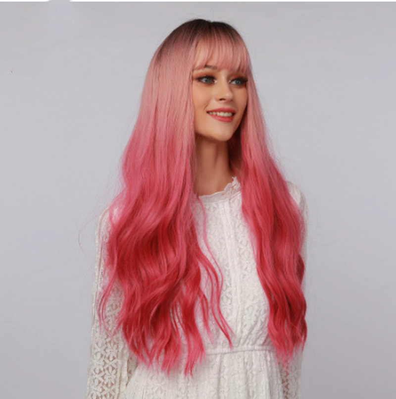 Long Wavy Rose Gold to Rose Red Gradient Chemical Fiber Cosplay Wig With Bangs