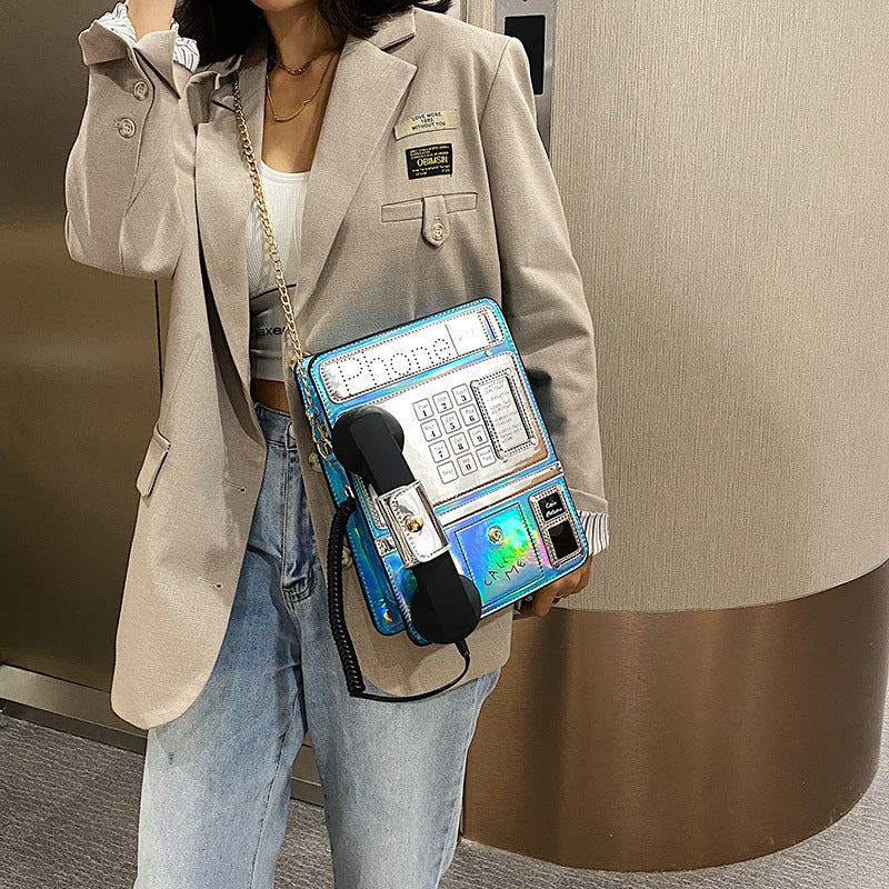 Funny Novelty Retro Phone Booth Laser Cut Holographic Shoulder Bag With Chain Strap