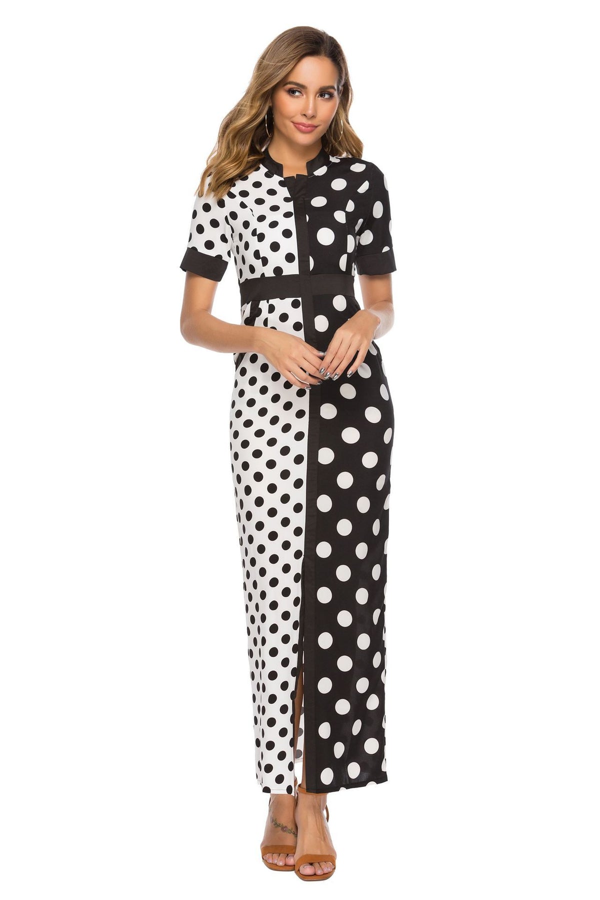 Ladies Sexy Polka Dot Color Block Black And White Party Dress Splice Office Long Dress