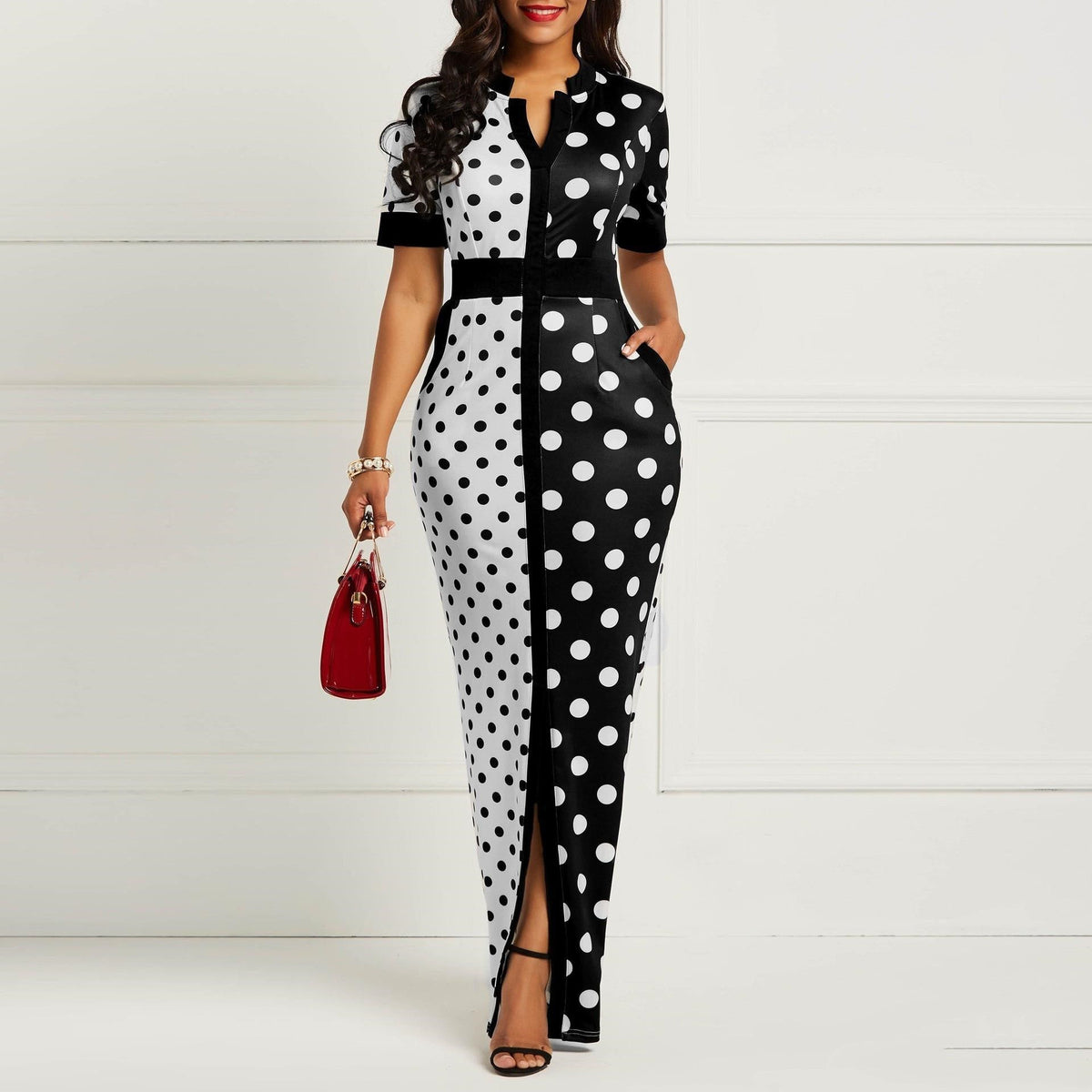 Ladies Sexy Polka Dot Color Block Black And White Party Dress Splice Office Long Dress