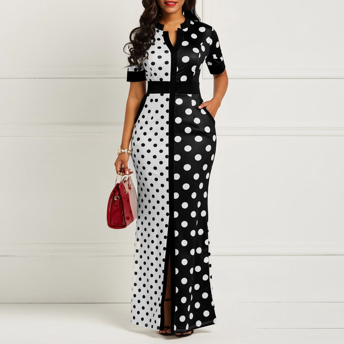 Ladies Sexy Polka Dot Color Block Black And White Party Dress Splice Office Long Dress